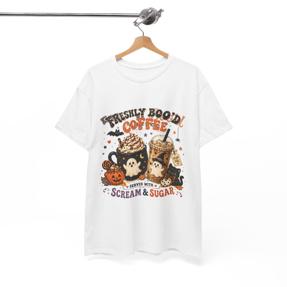 Halloween Coffee Tee — “Freshly Boo’d Coffee: Served with Scream & Sugar”