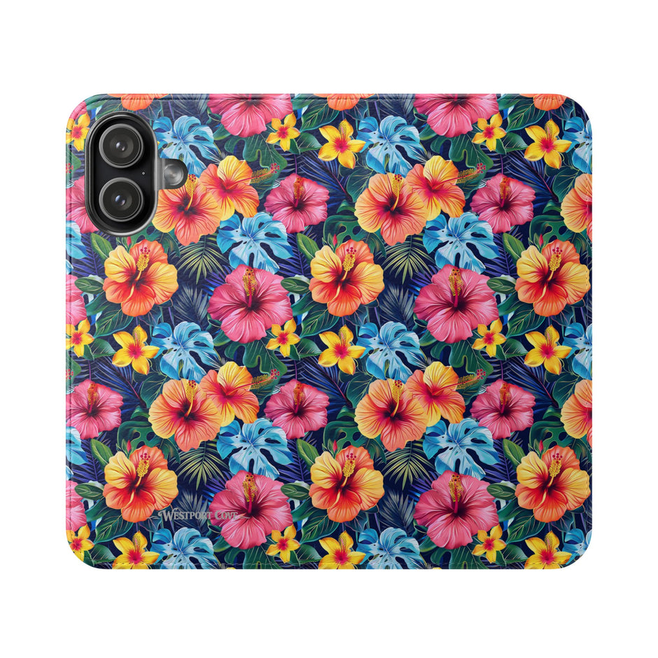 Tropical Hibiscus Flip Phone Case — Floral Wallet Flip Case with Card Slots