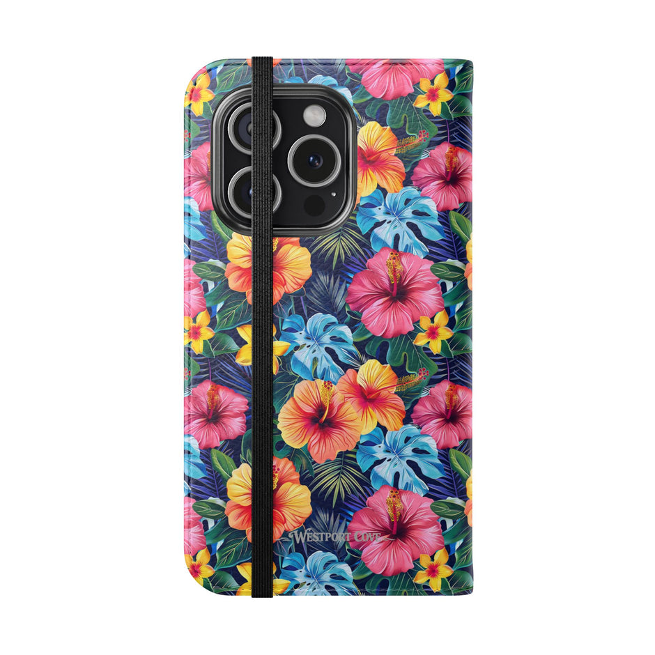 Tropical Hibiscus Flip Phone Case — Floral Wallet Flip Case with Card Slots