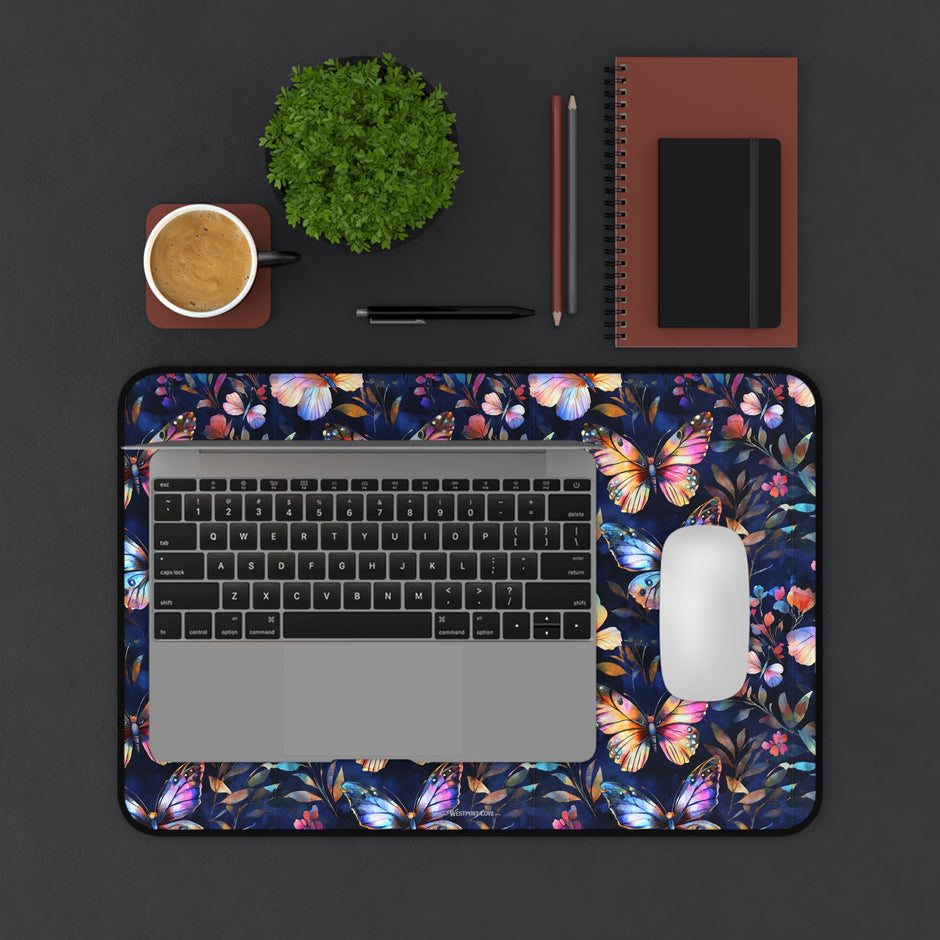 Dark Flutterby Desk Mat — Dark Watercolor Garden Mouse Pad