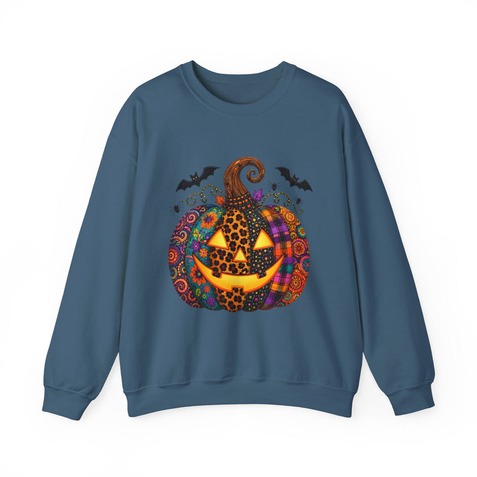 Halloween Jack-O'-Lantern Sweatshirt — Colorful Patterned Pumpkin Crewneck