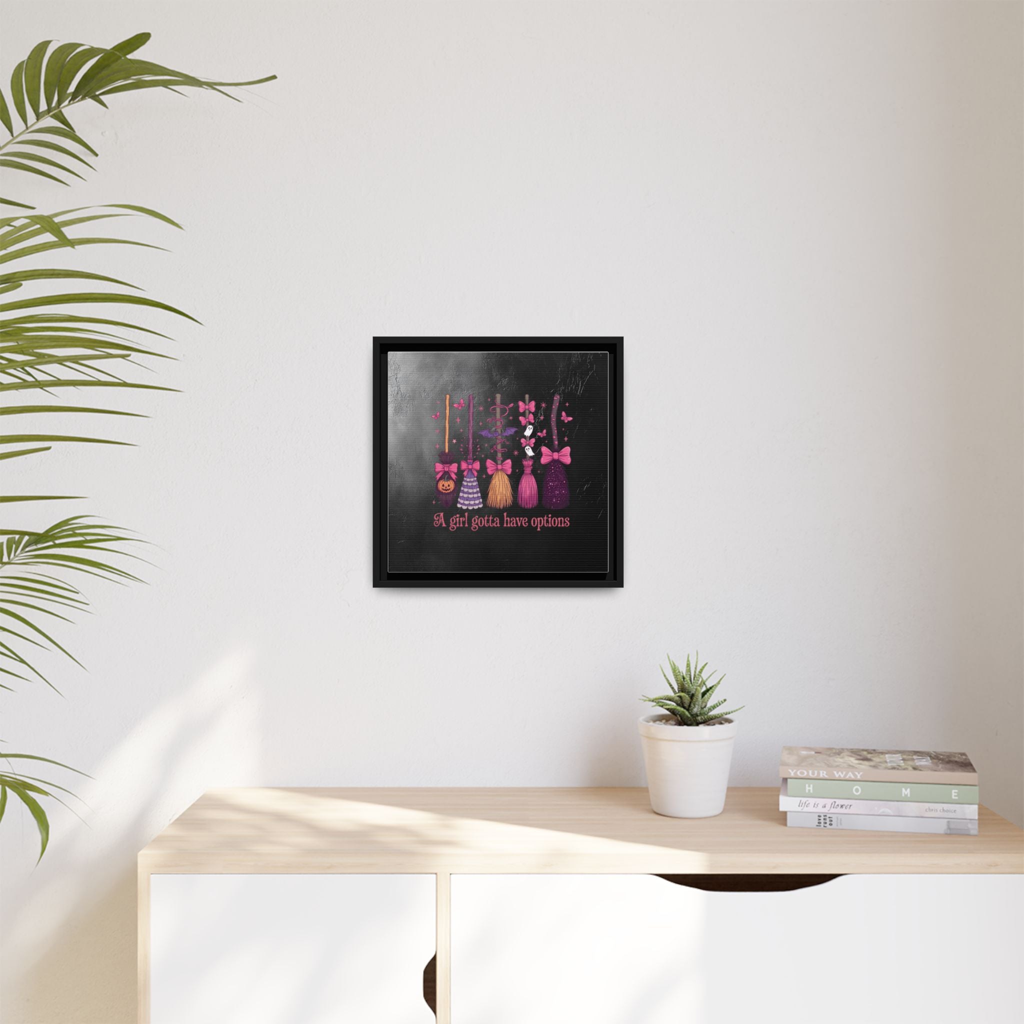 Halloween Broom Canvas Print — “A Girl Gotta Have Options” Framed Wall Art