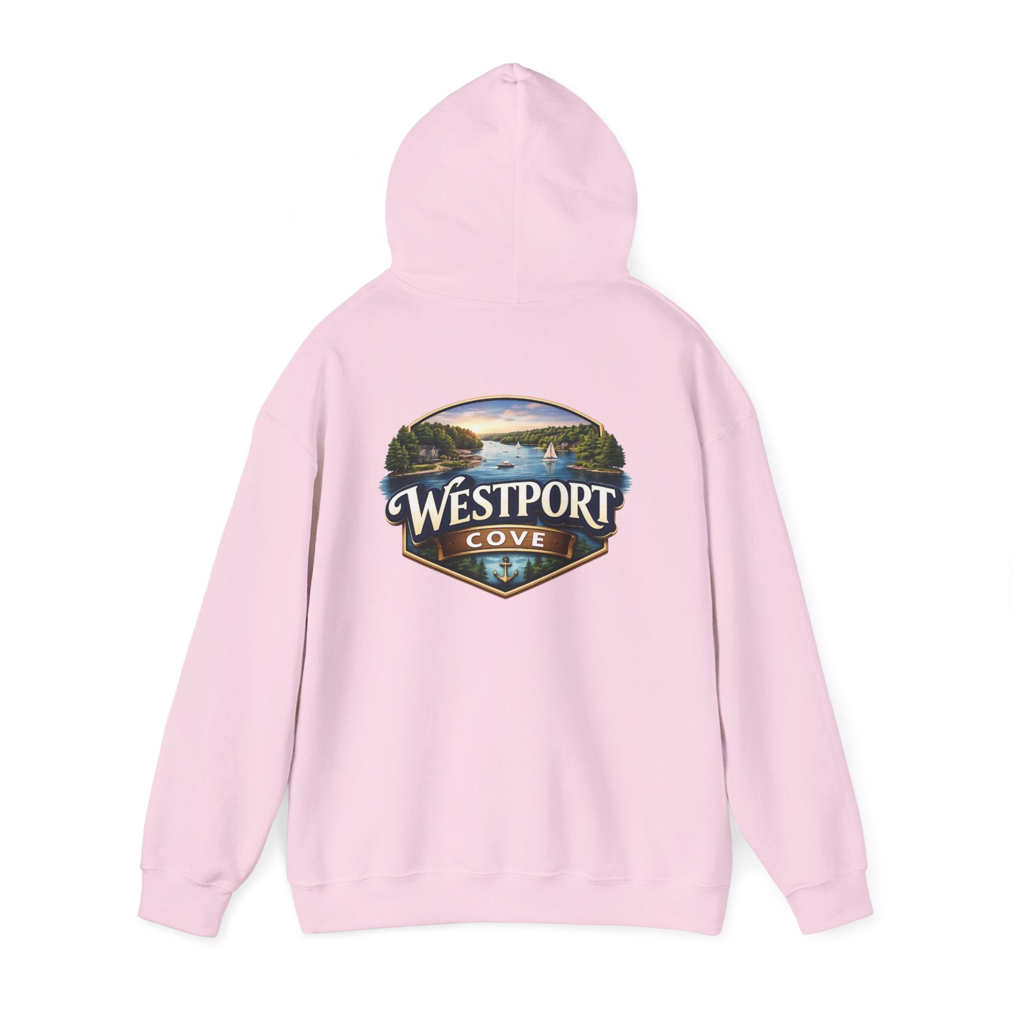 Westport Cove Hoodie — Scenic Lake Cabin Vintage Logo Hooded Sweatshirt