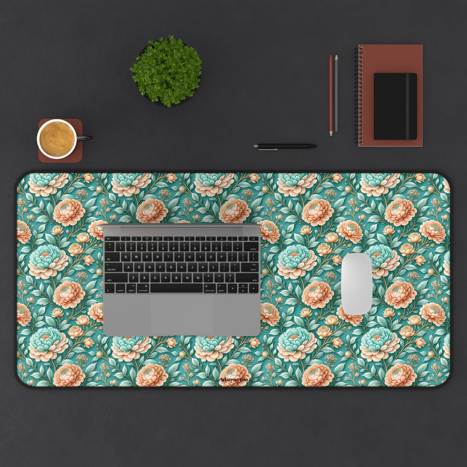 Teal Peony Desk Mat — Vintage Garden Mouse Pad Surface