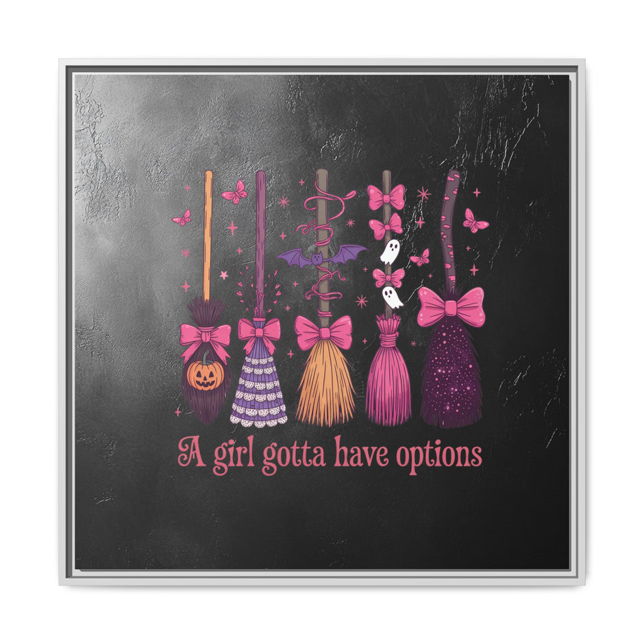 Halloween Broom Canvas Print — “A Girl Gotta Have Options” Framed Wall Art