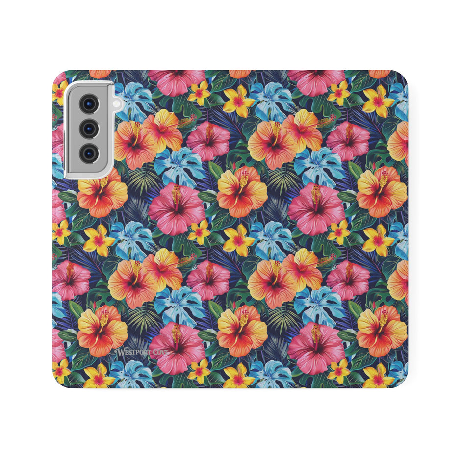 Tropical Hibiscus Flip Phone Case — Floral Wallet Flip Case with Card Slots