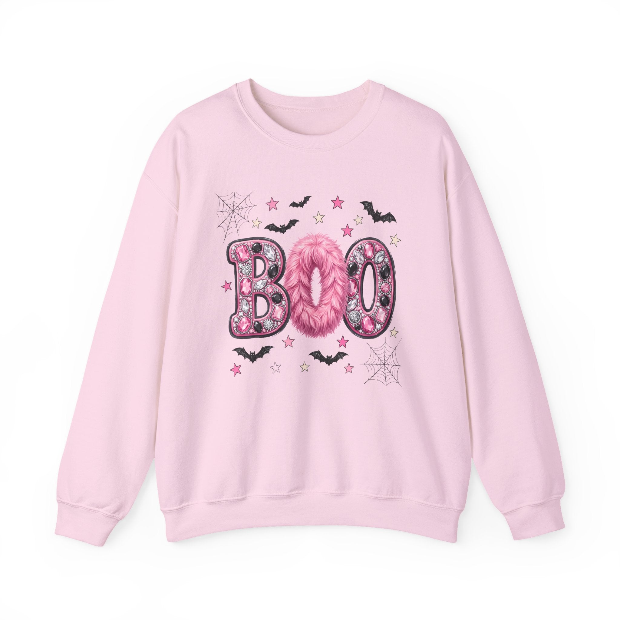 Halloween 'Boo' Crewneck Sweatshirt — Cute Pink Bat & Star Graphic