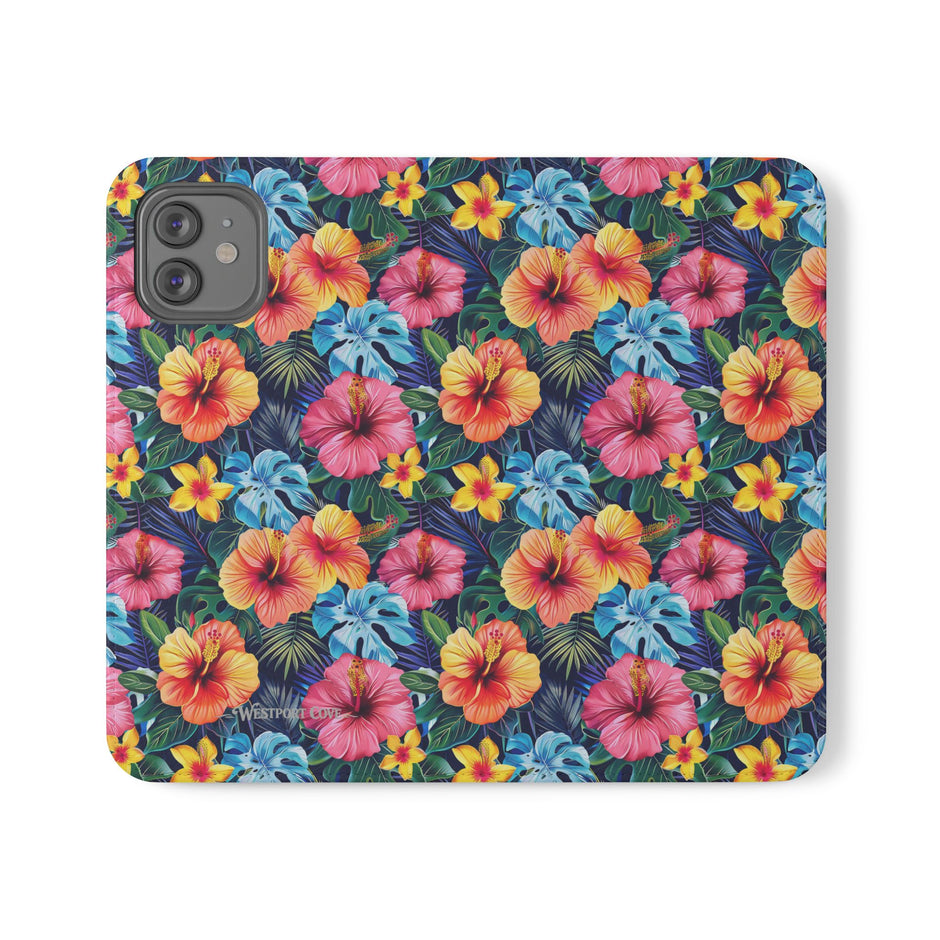 Tropical Hibiscus Flip Phone Case — Floral Wallet Flip Case with Card Slots