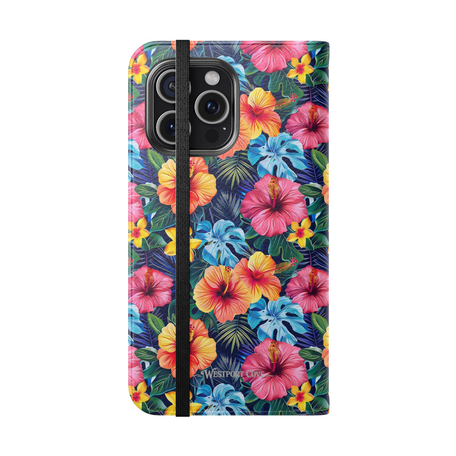 Tropical Hibiscus Flip Phone Case — Floral Wallet Flip Case with Card Slots