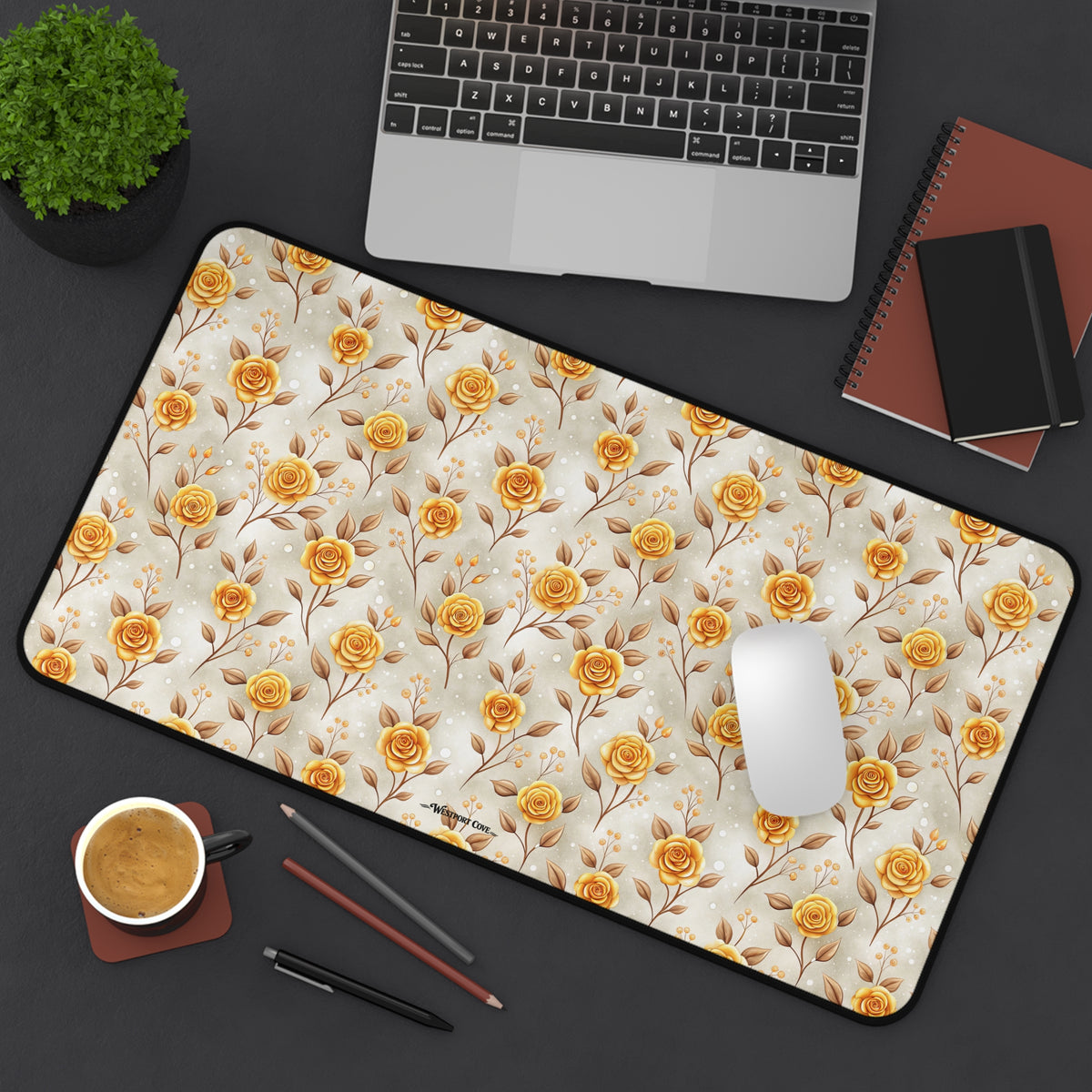 Golden Rose Desk Mat — Floral Office Mouse Pad for Home & Work