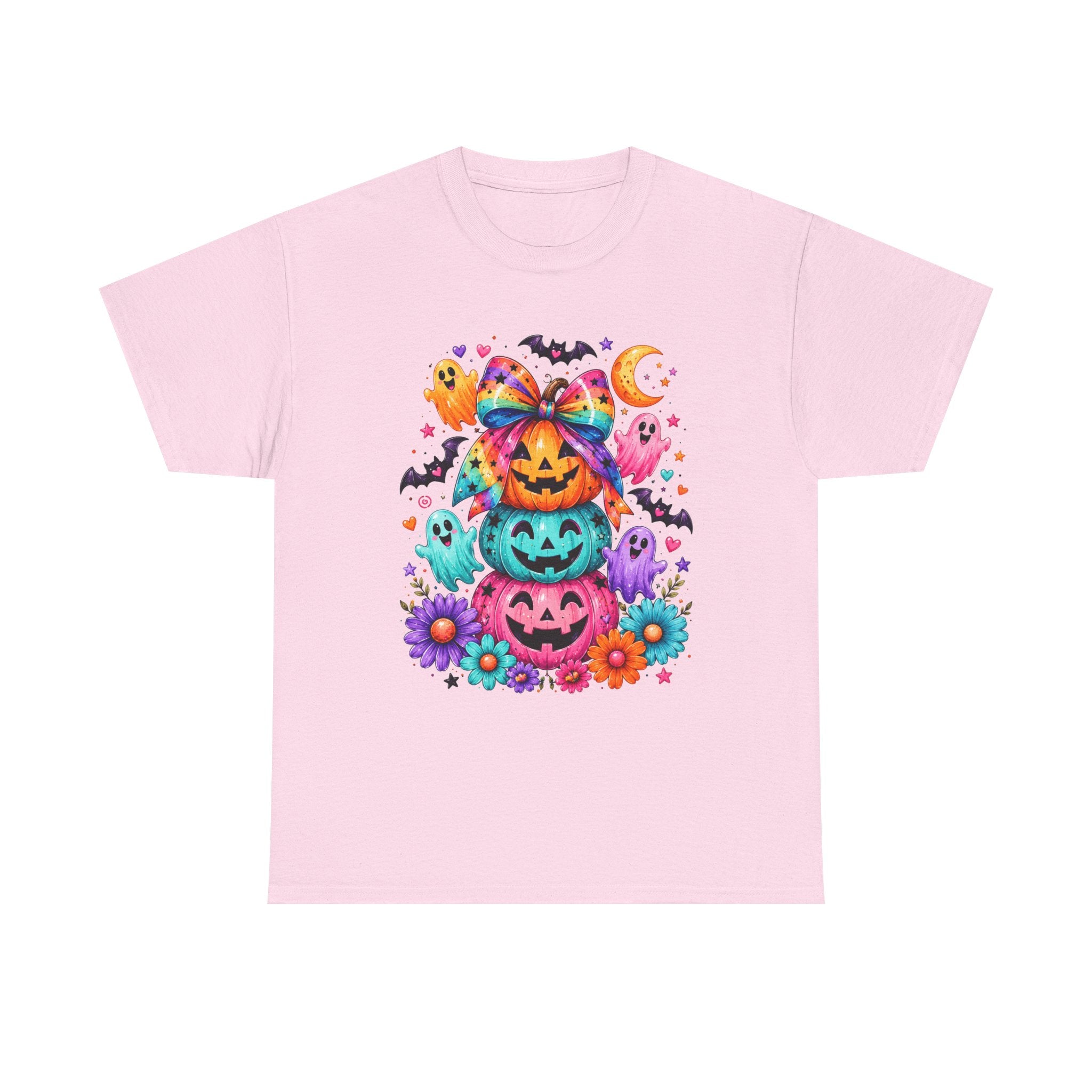 Cute Rainbow Pumpkin Stack Halloween Tee — Colorful Jack-o’-Lanterns & Ghosts T-Shirt