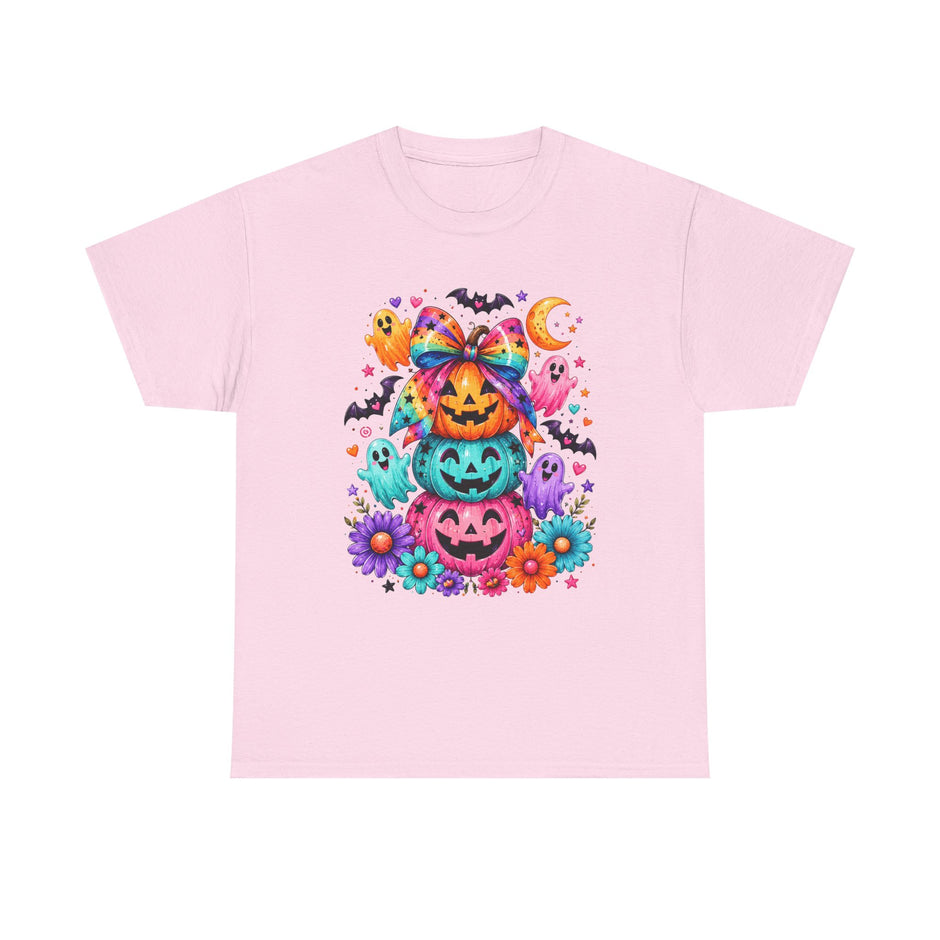 Cute Rainbow Pumpkin Stack Halloween Tee — Colorful Jack-o’-Lanterns & Ghosts T-Shirt