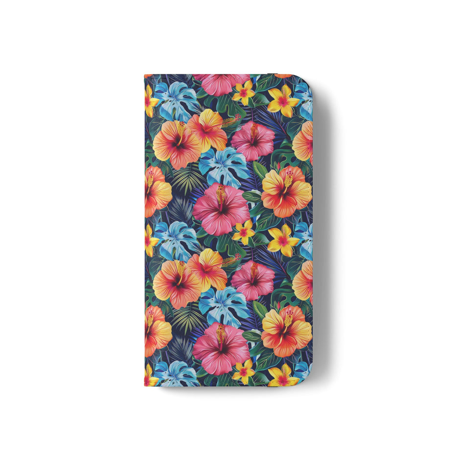 Tropical Hibiscus Flip Phone Case — Floral Wallet Flip Case with Card Slots