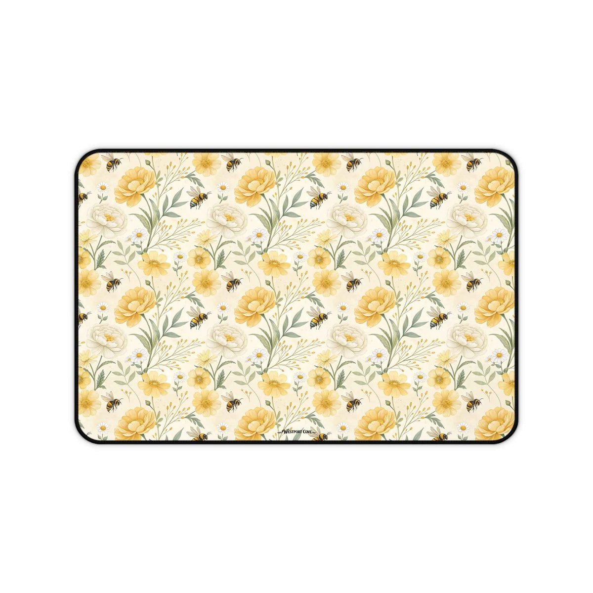 Bumble - Floral Yellow Rose Desk Mat — Vintage Garden Mousepad for Home Office