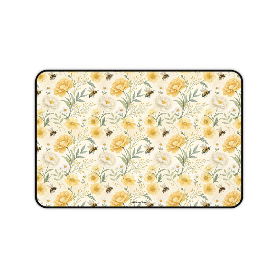 Bumble - Floral Yellow Rose Desk Mat — Vintage Garden Mousepad for Home Office