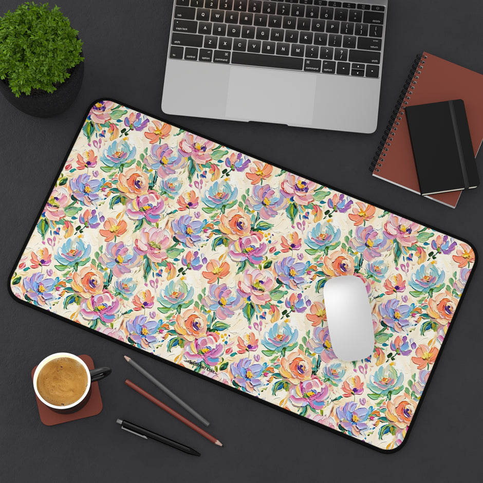 Floral Paint Desk Mat — Pastel Rose Pattern Office Mousepad