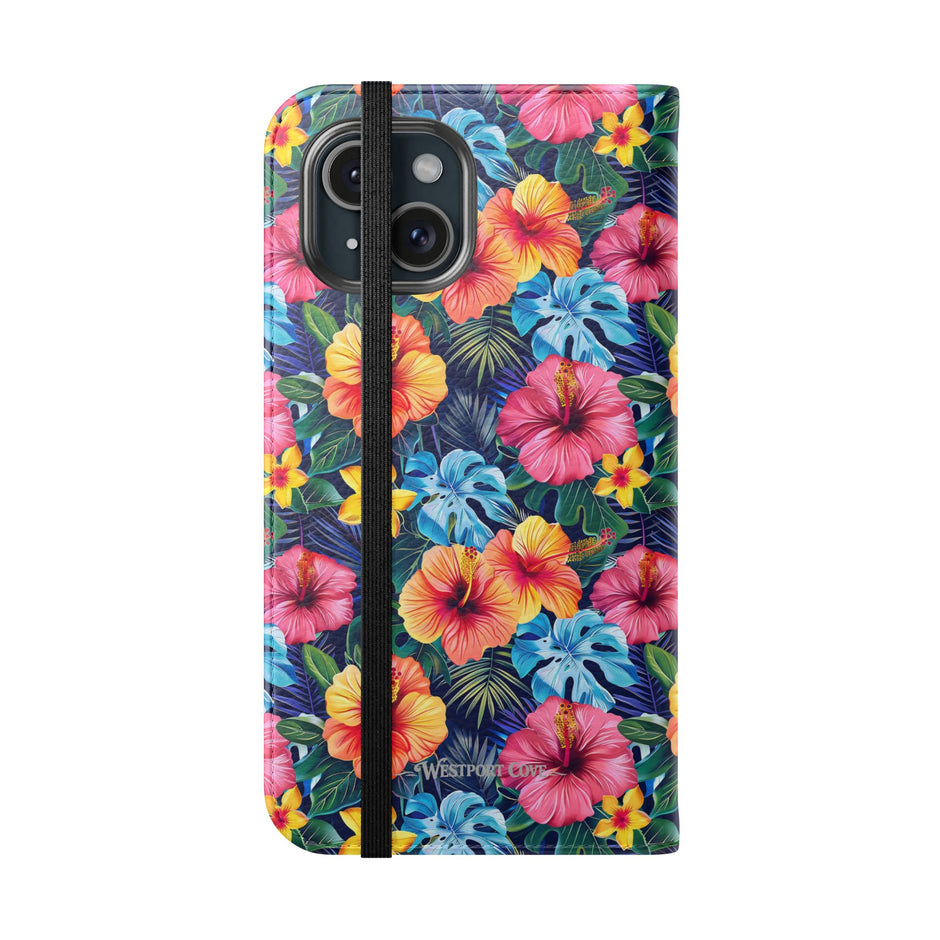 Tropical Hibiscus Flip Phone Case — Floral Wallet Flip Case with Card Slots