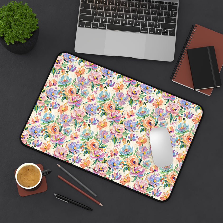 Floral Paint Desk Mat — Pastel Rose Pattern Office Mousepad