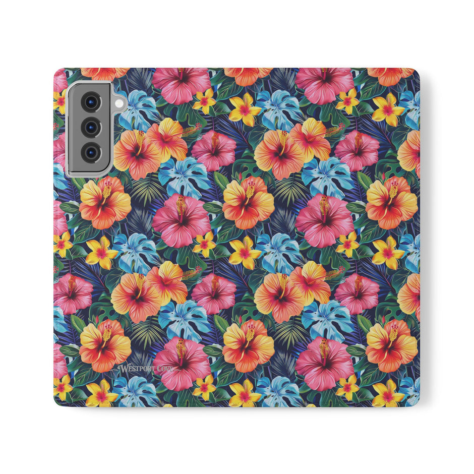 Tropical Hibiscus Flip Phone Case — Floral Wallet Flip Case with Card Slots
