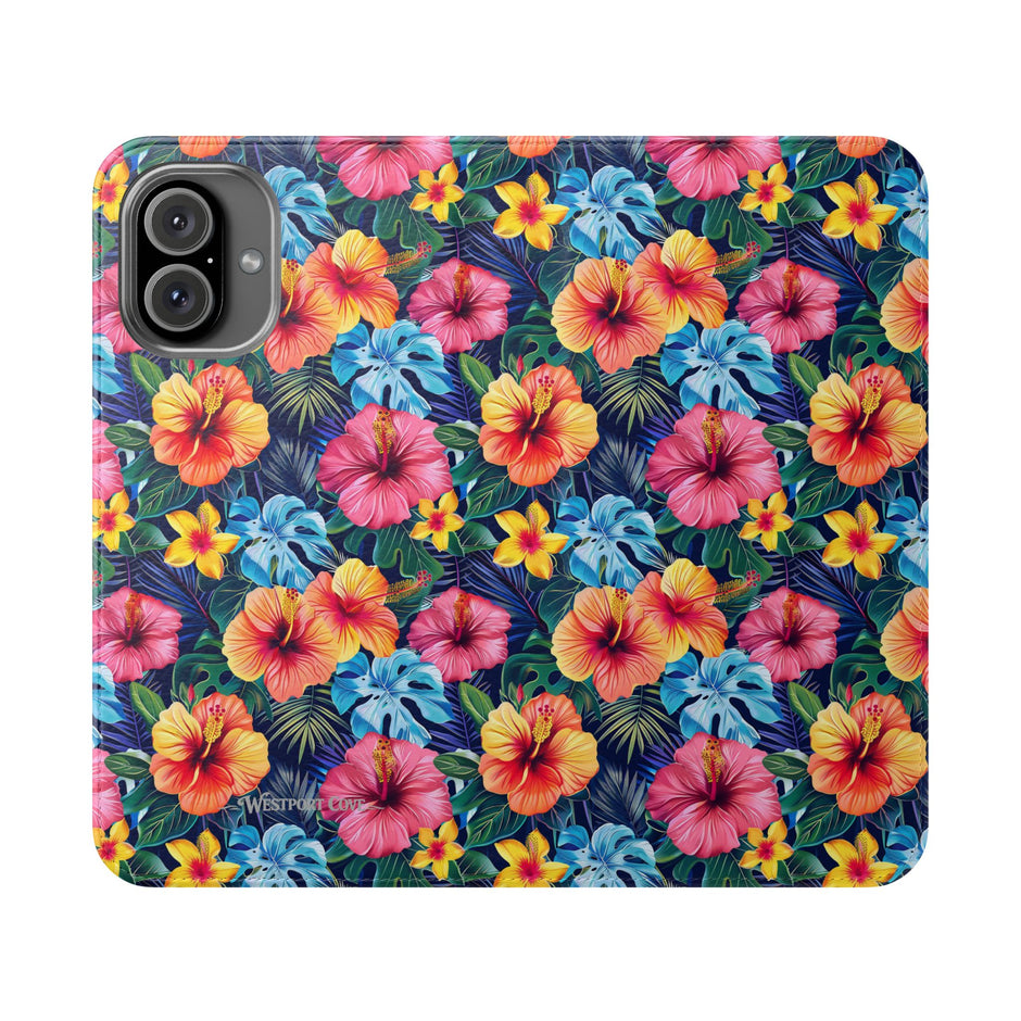 Tropical Hibiscus Flip Phone Case — Floral Wallet Flip Case with Card Slots