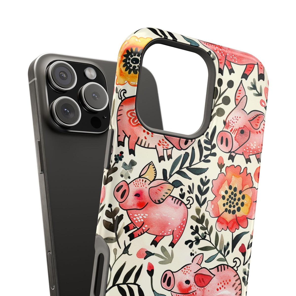 Watercolor Pink Pig Floral Phone Case — Extreme Impact MagSafe Phone Case