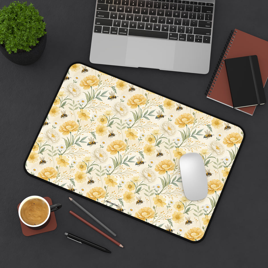 Bumble - Floral Yellow Rose Desk Mat — Vintage Garden Mousepad for Home Office