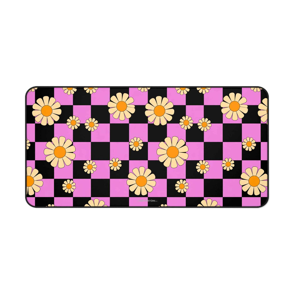 Daisy Checkerboard Desk Mat — Pink & Black Floral Mouse Desk Pad