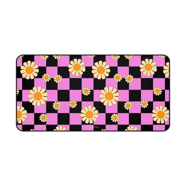 Daisy Checkerboard Desk Mat — Pink & Black Floral Mouse Desk Pad