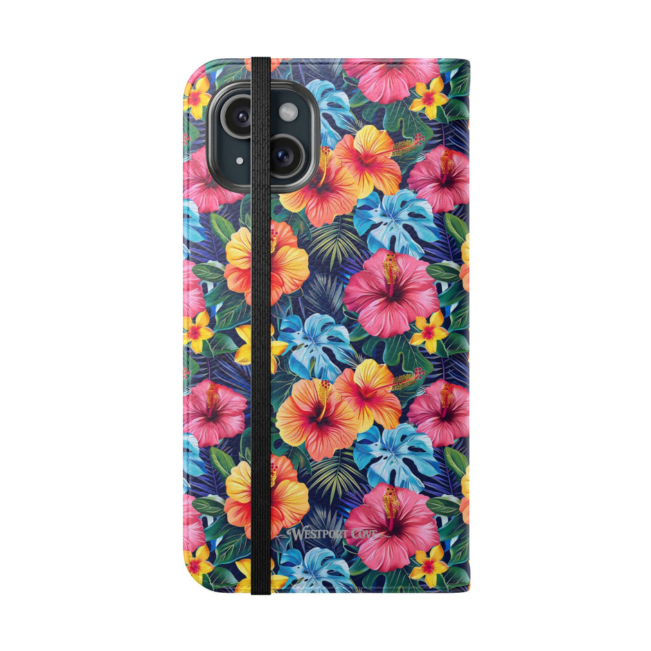 Tropical Hibiscus Flip Phone Case — Floral Wallet Flip Case with Card Slots