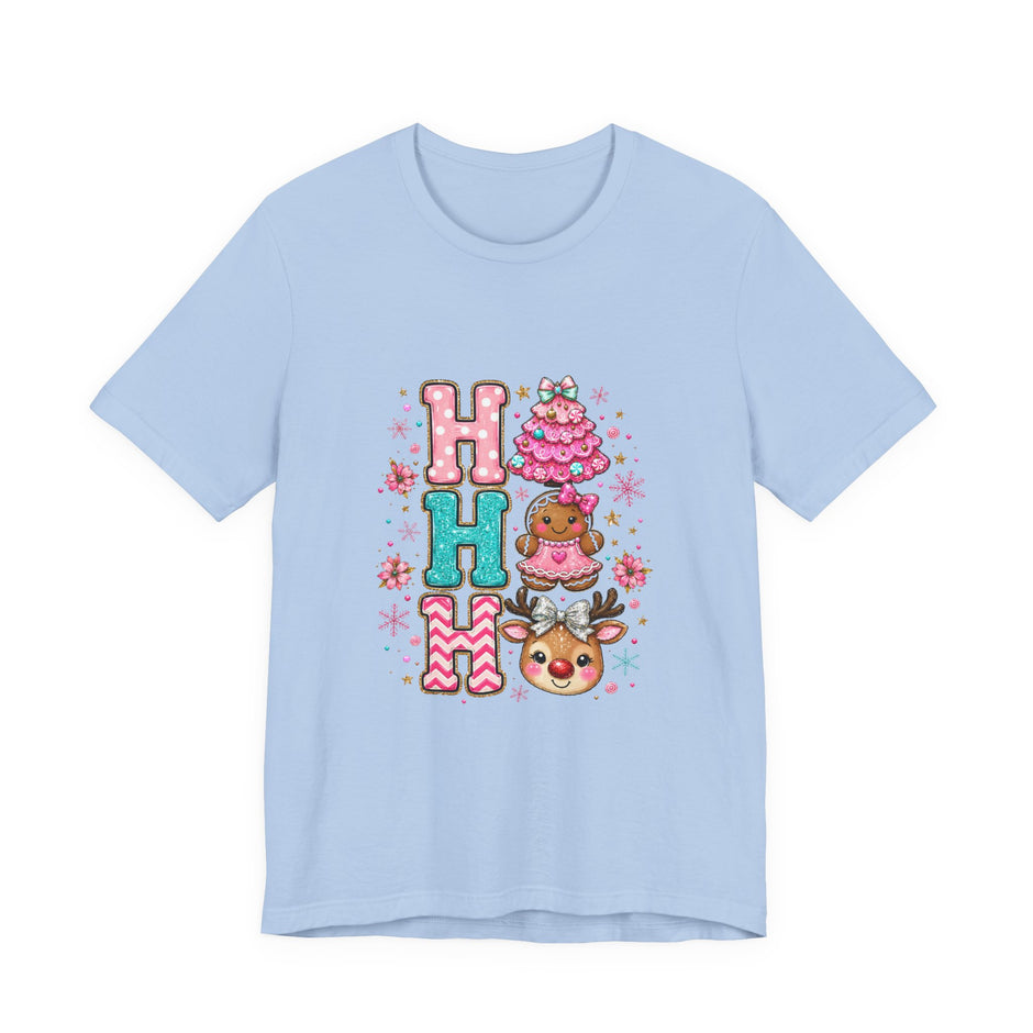 Ho Ho Ho Cute Christmas Tee — Pink Tree, Gingerbread & Reindeer Holiday Shirt