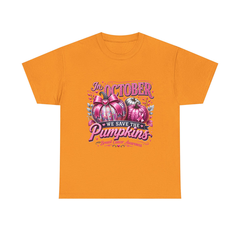 October Breast Cancer Awareness Pumpkin Tee — "In October We Save The Pumpkins"