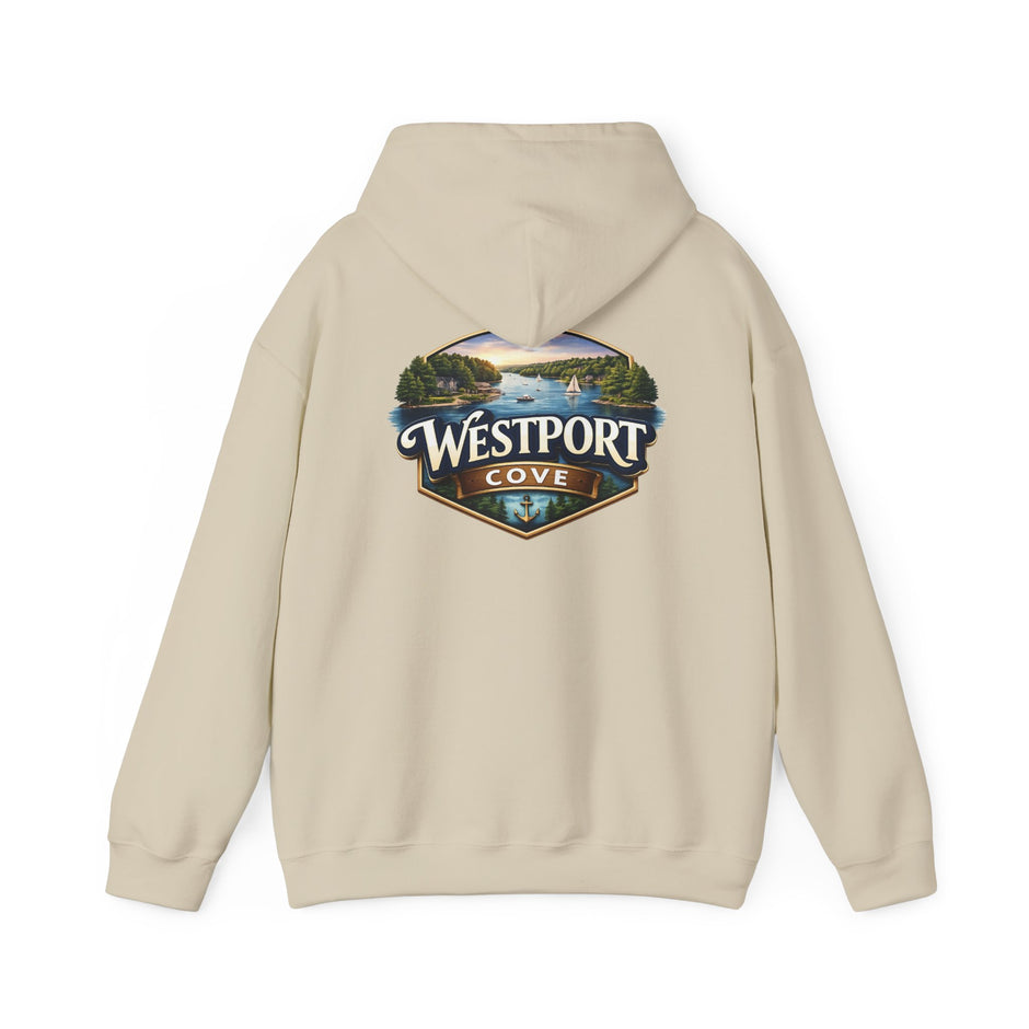Westport Cove Hoodie — Scenic Lake Cabin Vintage Logo Hooded Sweatshirt