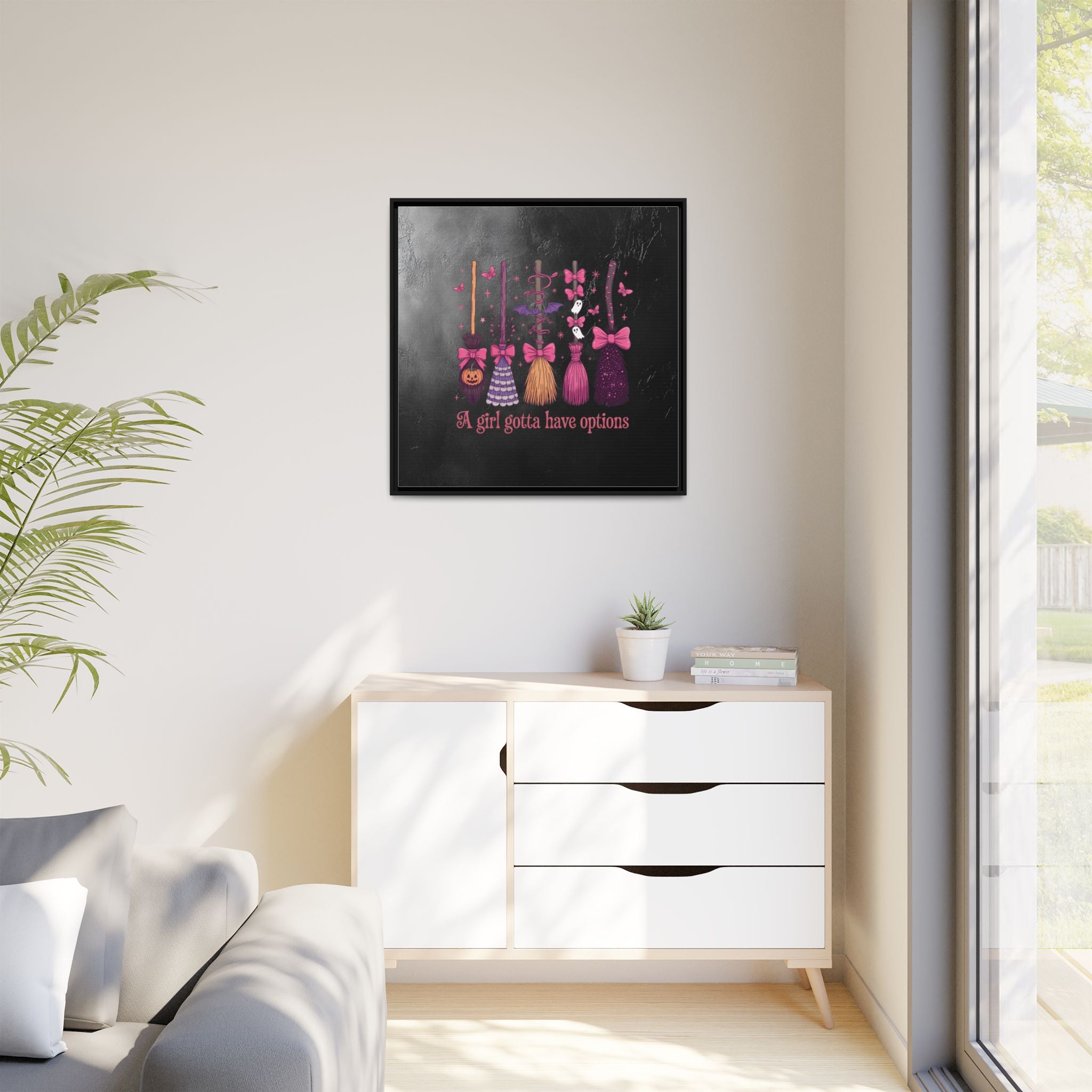 Halloween Broom Canvas Print — “A Girl Gotta Have Options” Framed Wall Art