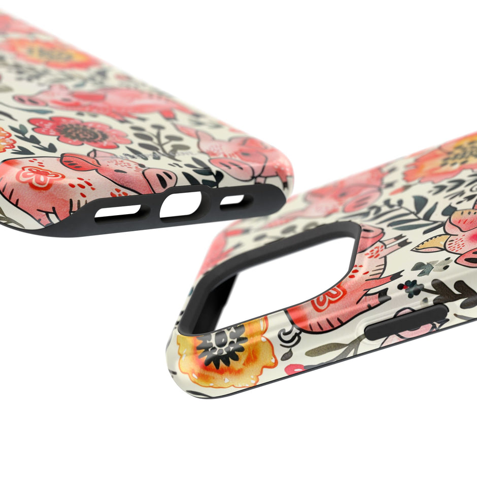 Watercolor Pink Pig Floral Phone Case — Extreme Impact MagSafe Phone Case