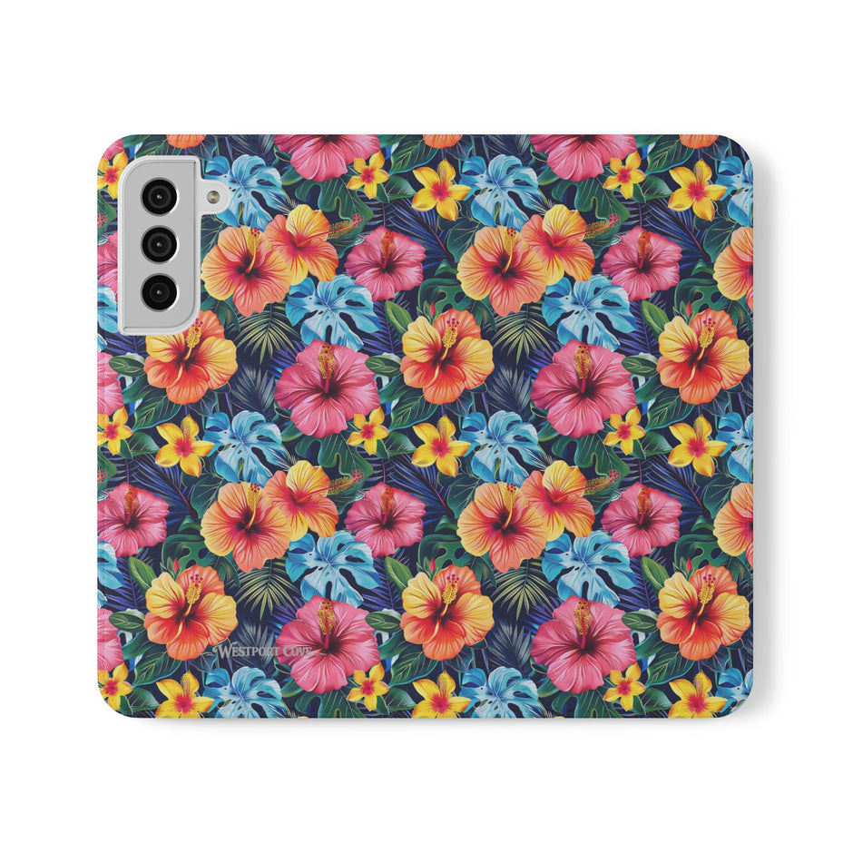 Tropical Hibiscus Flip Phone Case — Floral Wallet Flip Case with Card Slots
