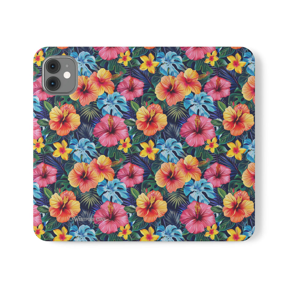 Tropical Hibiscus Flip Phone Case — Floral Wallet Flip Case with Card Slots