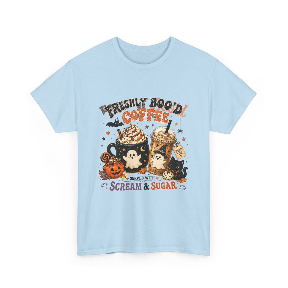 Halloween Coffee Tee — “Freshly Boo’d Coffee: Served with Scream & Sugar”