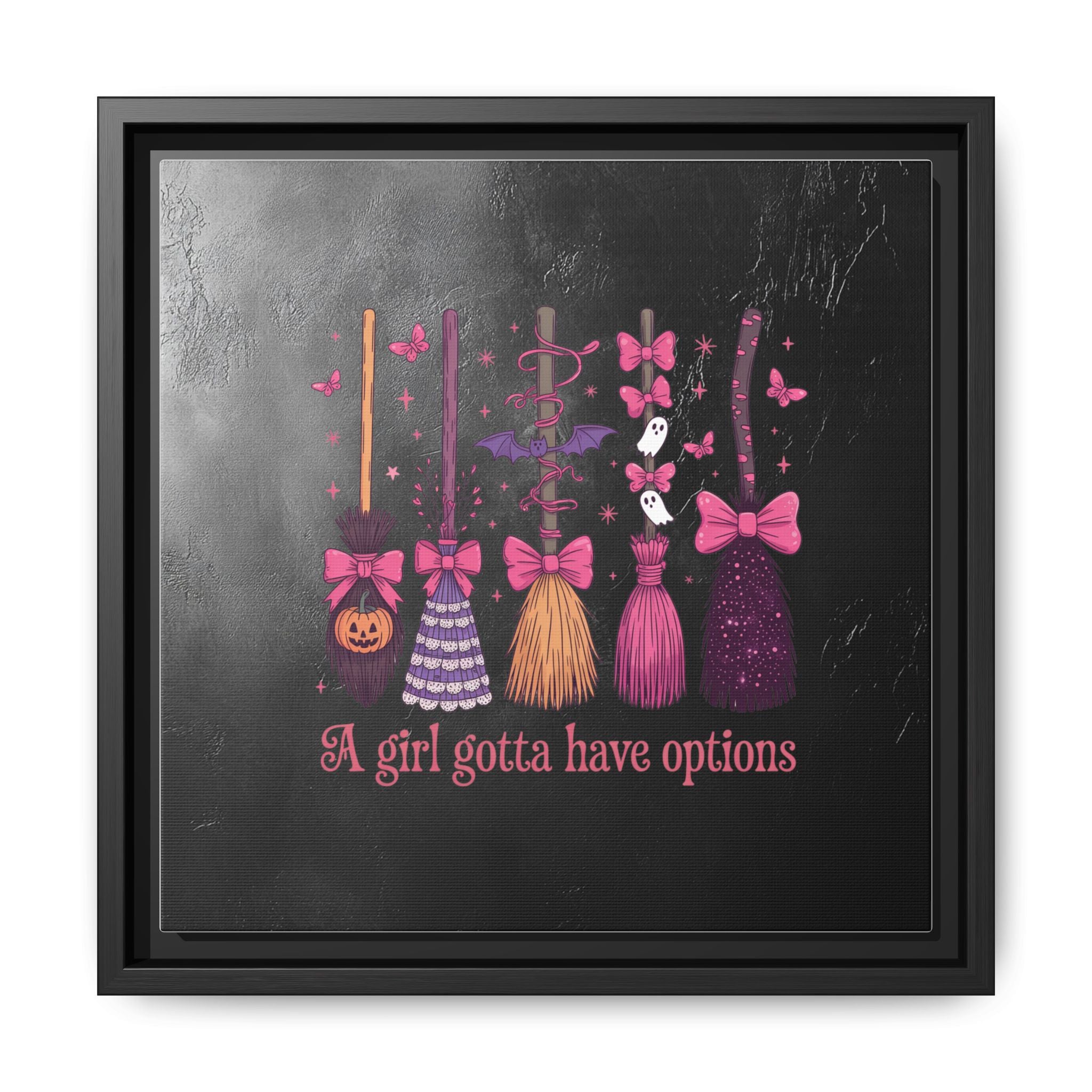 Halloween Broom Canvas Print — “A Girl Gotta Have Options” Framed Wall Art