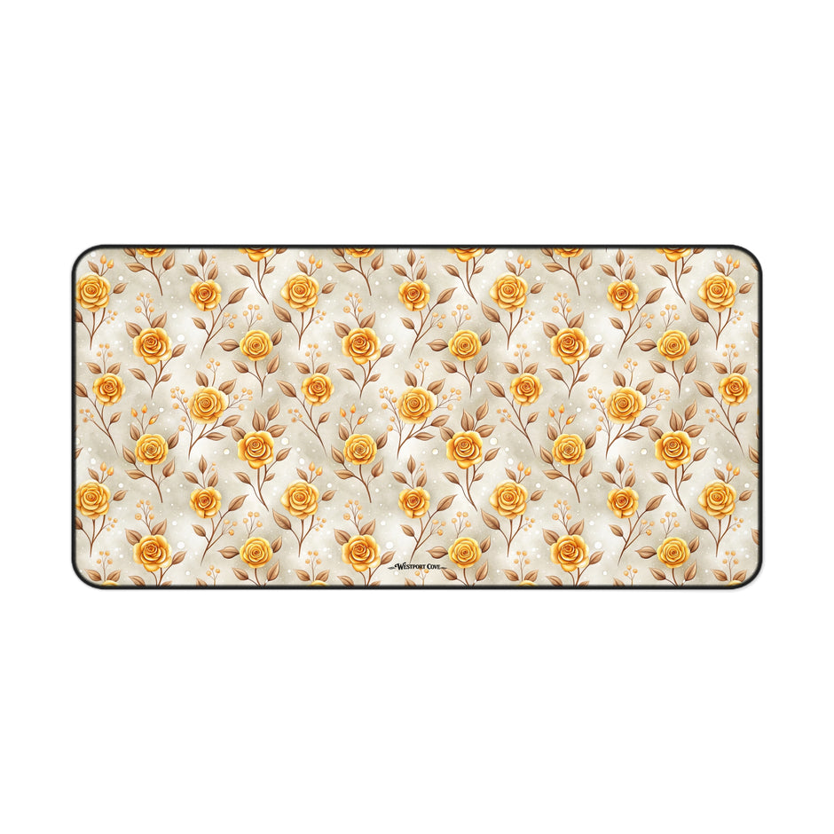 Golden Rose Desk Mat — Floral Office Mouse Pad for Home & Work