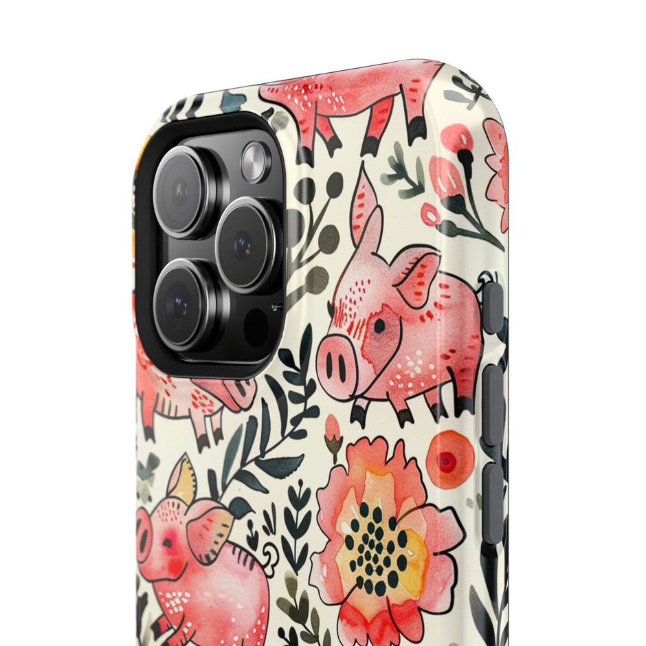 Watercolor Pink Pig Floral Phone Case — Extreme Impact MagSafe Phone Case