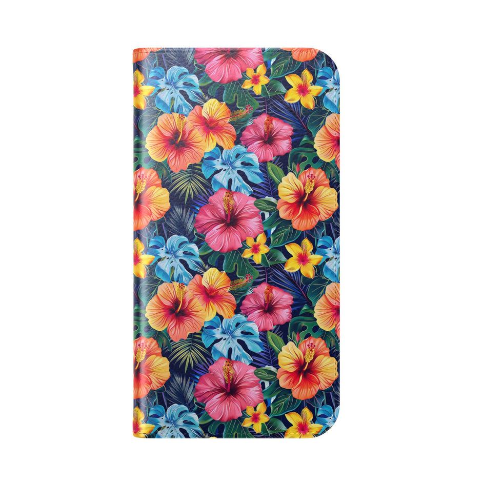 Tropical Hibiscus Flip Phone Case — Floral Wallet Flip Case with Card Slots