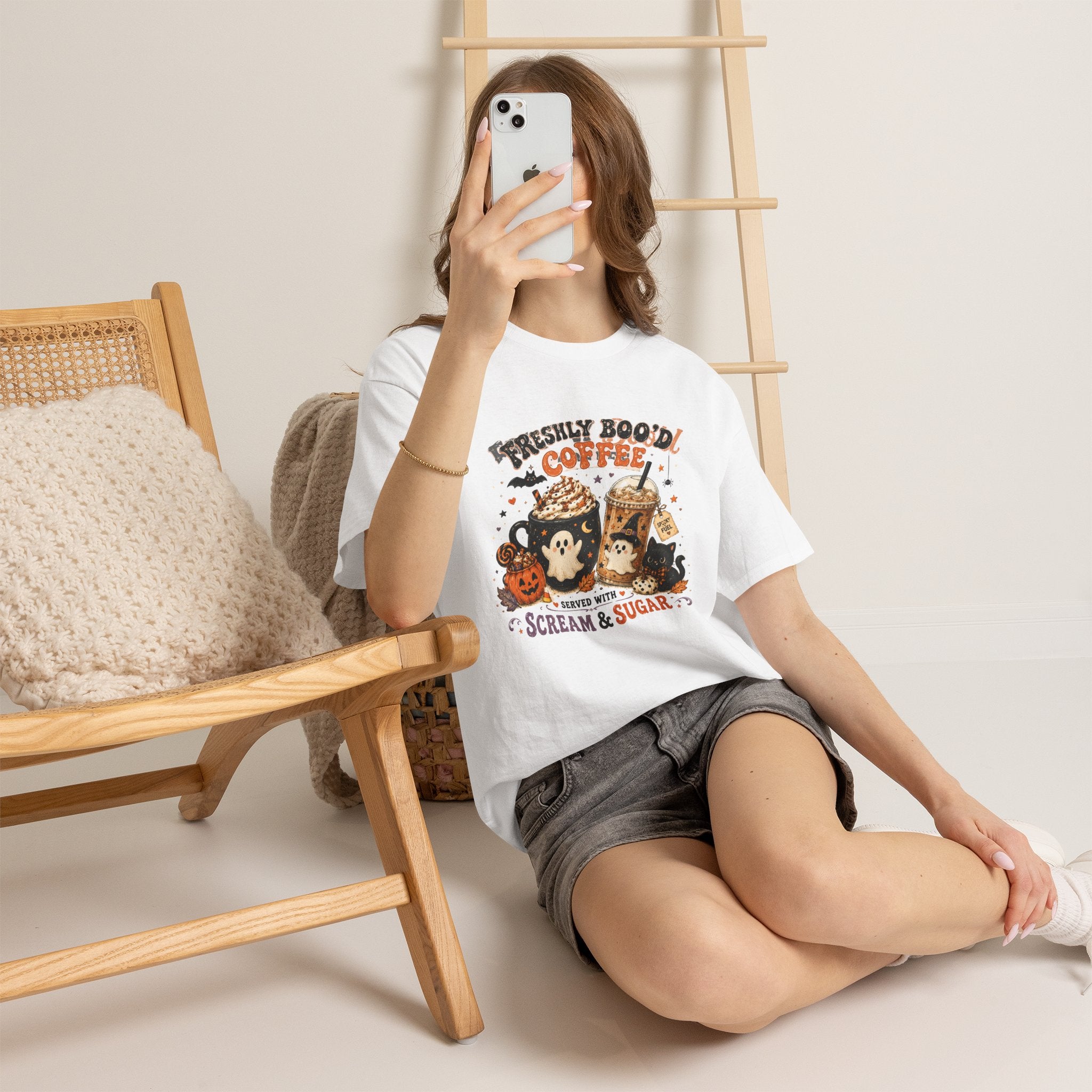 Halloween Coffee Tee — “Freshly Boo’d Coffee: Served with Scream & Sugar”
