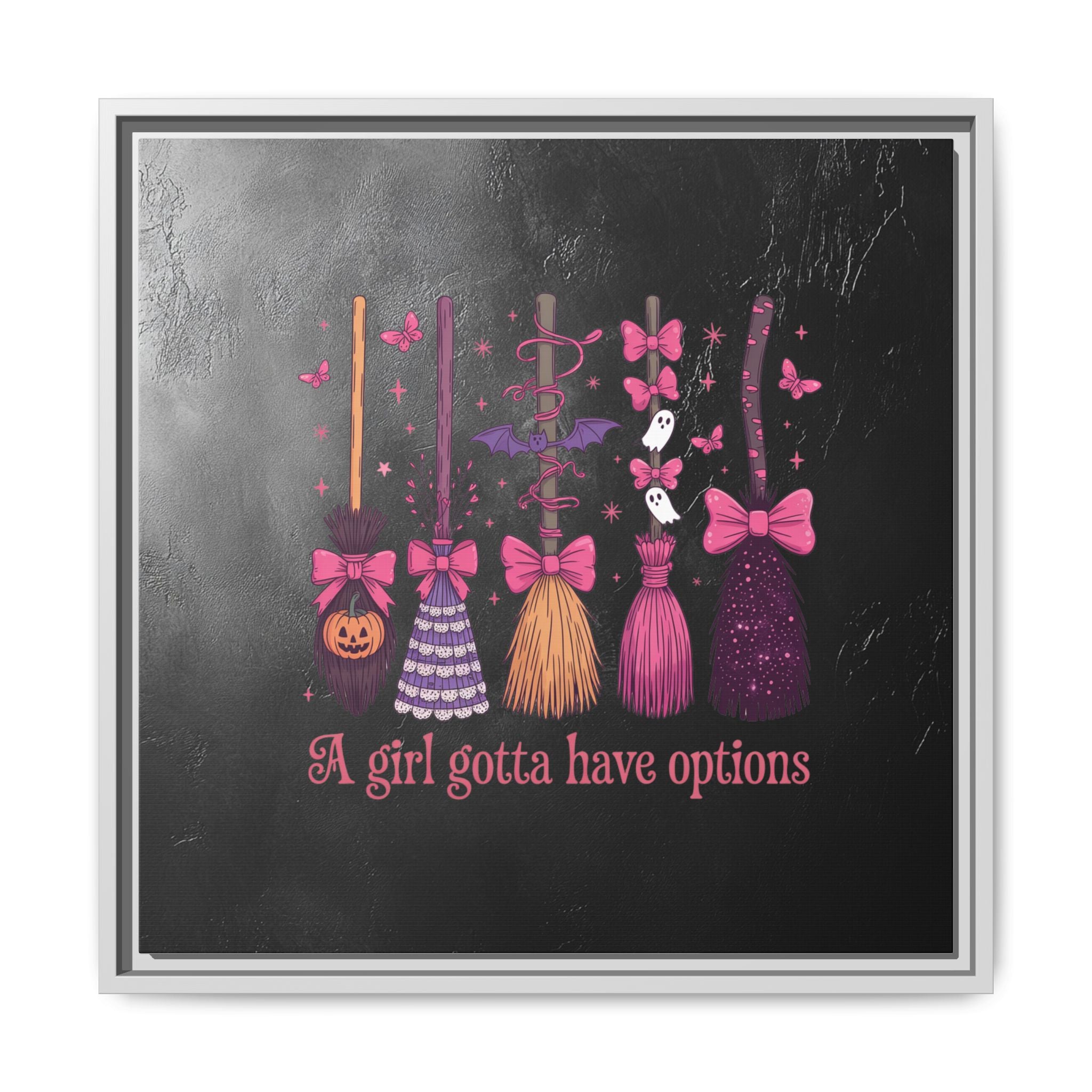 Halloween Broom Canvas Print — “A Girl Gotta Have Options” Framed Wall Art