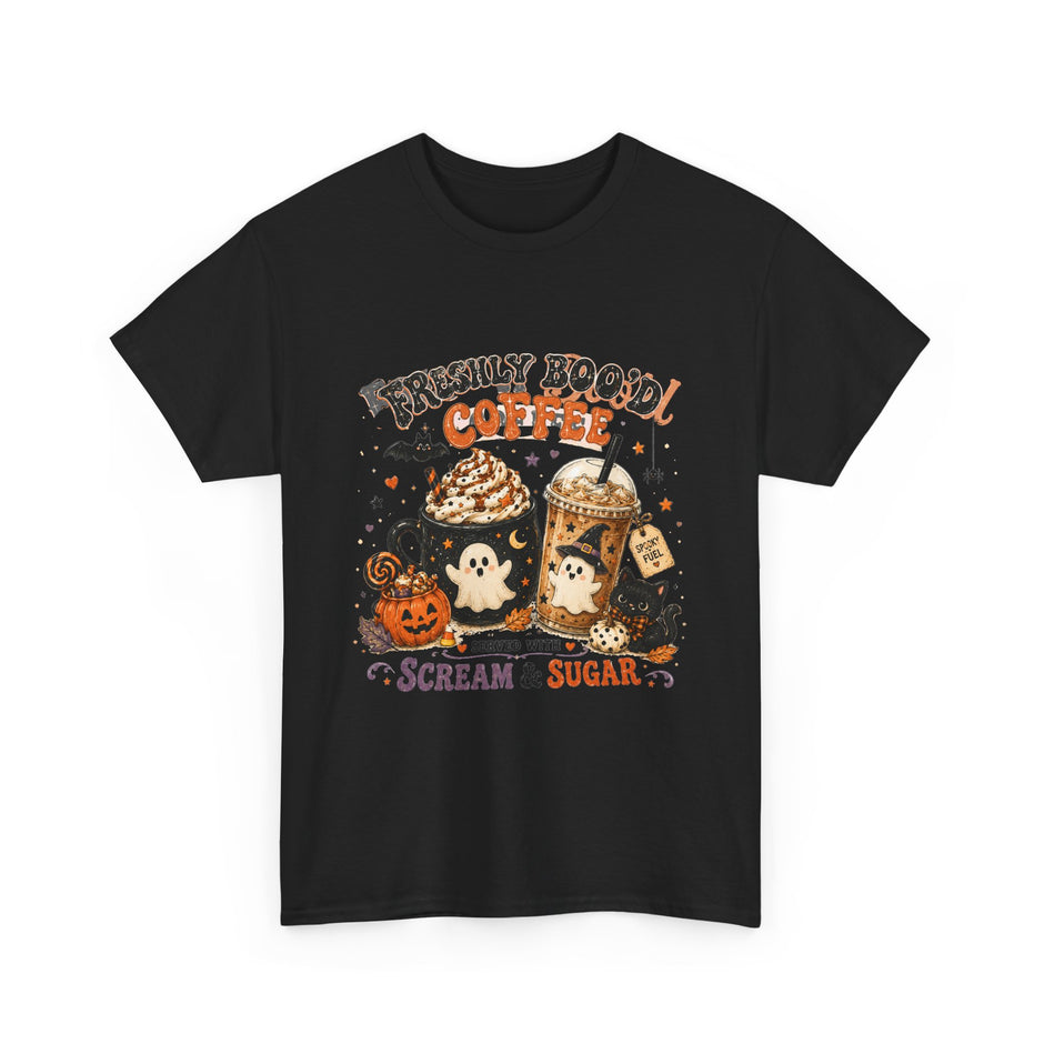 Halloween Coffee Tee — “Freshly Boo’d Coffee: Served with Scream & Sugar”