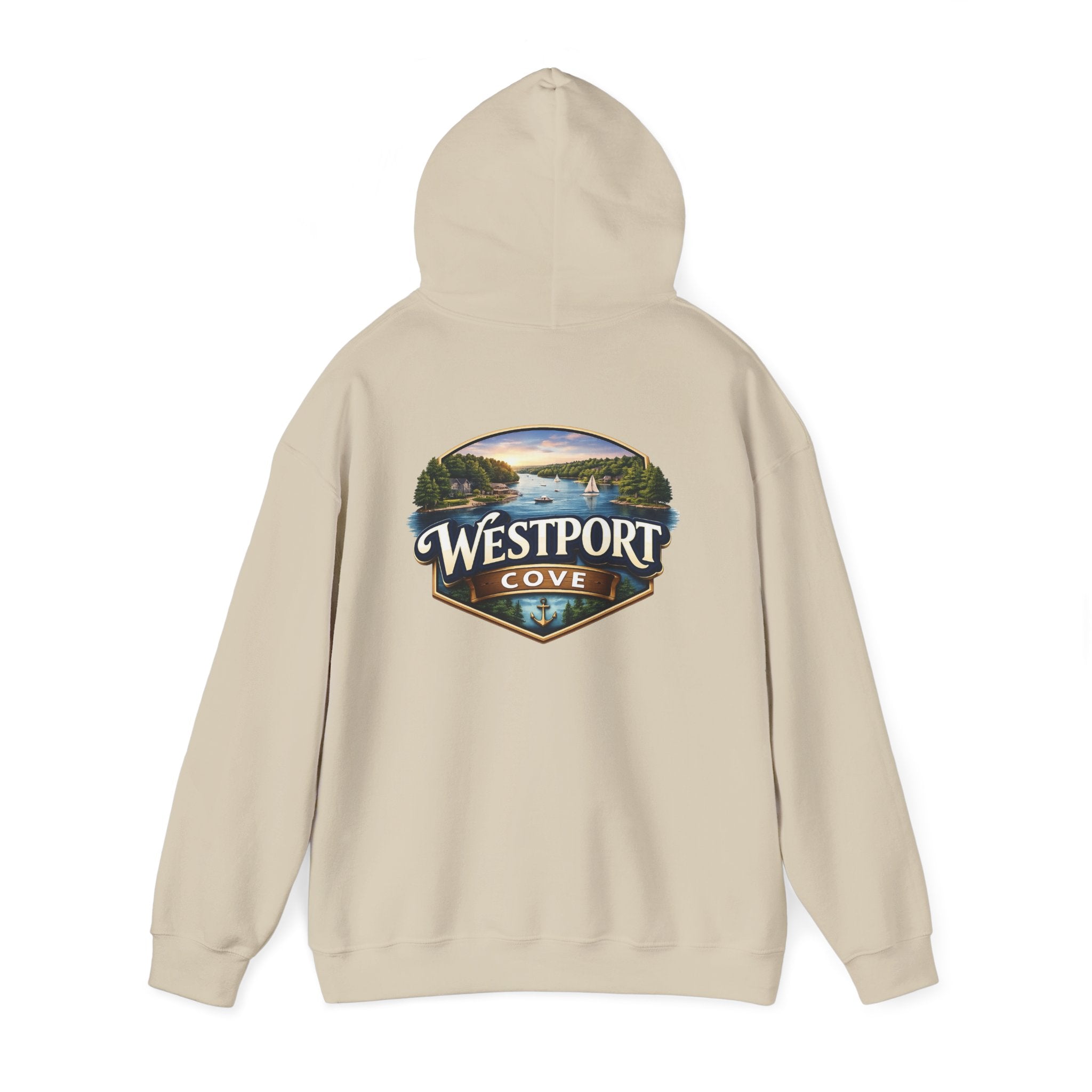 Westport Cove Hoodie — Scenic Lake Cabin Vintage Logo Hooded Sweatshirt