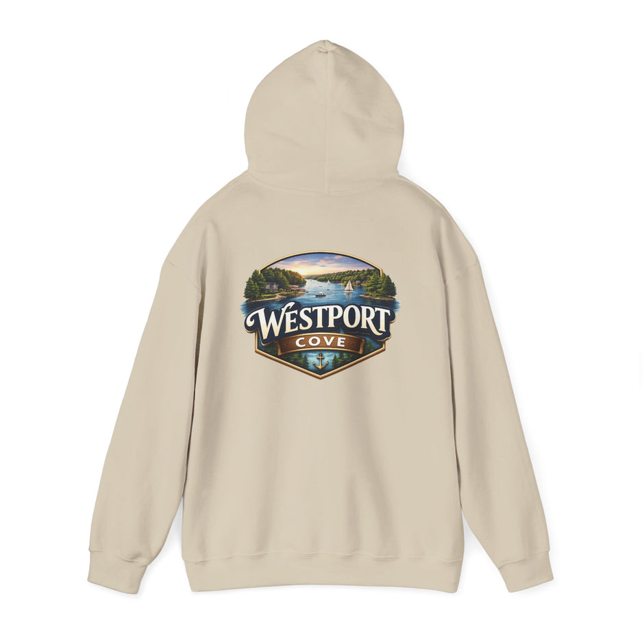 Westport Cove Hoodie — Scenic Lake Cabin Vintage Logo Hooded Sweatshirt