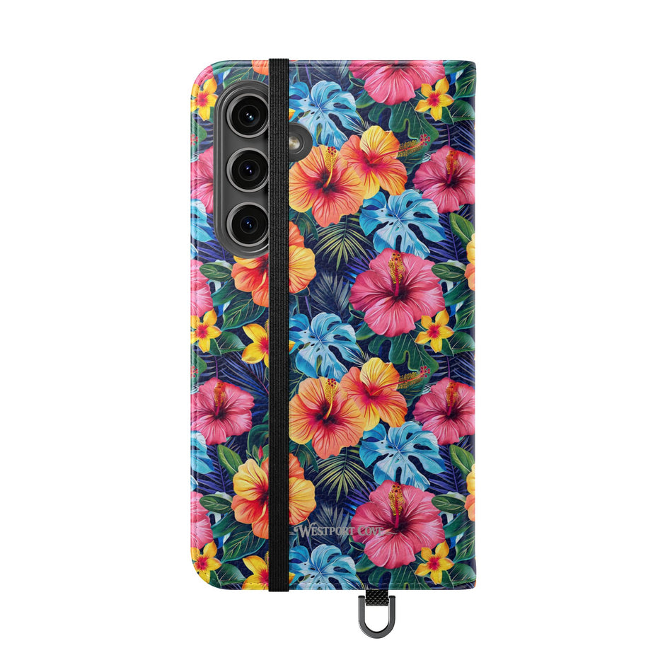 Tropical Hibiscus Flip Phone Case — Floral Wallet Flip Case with Card Slots