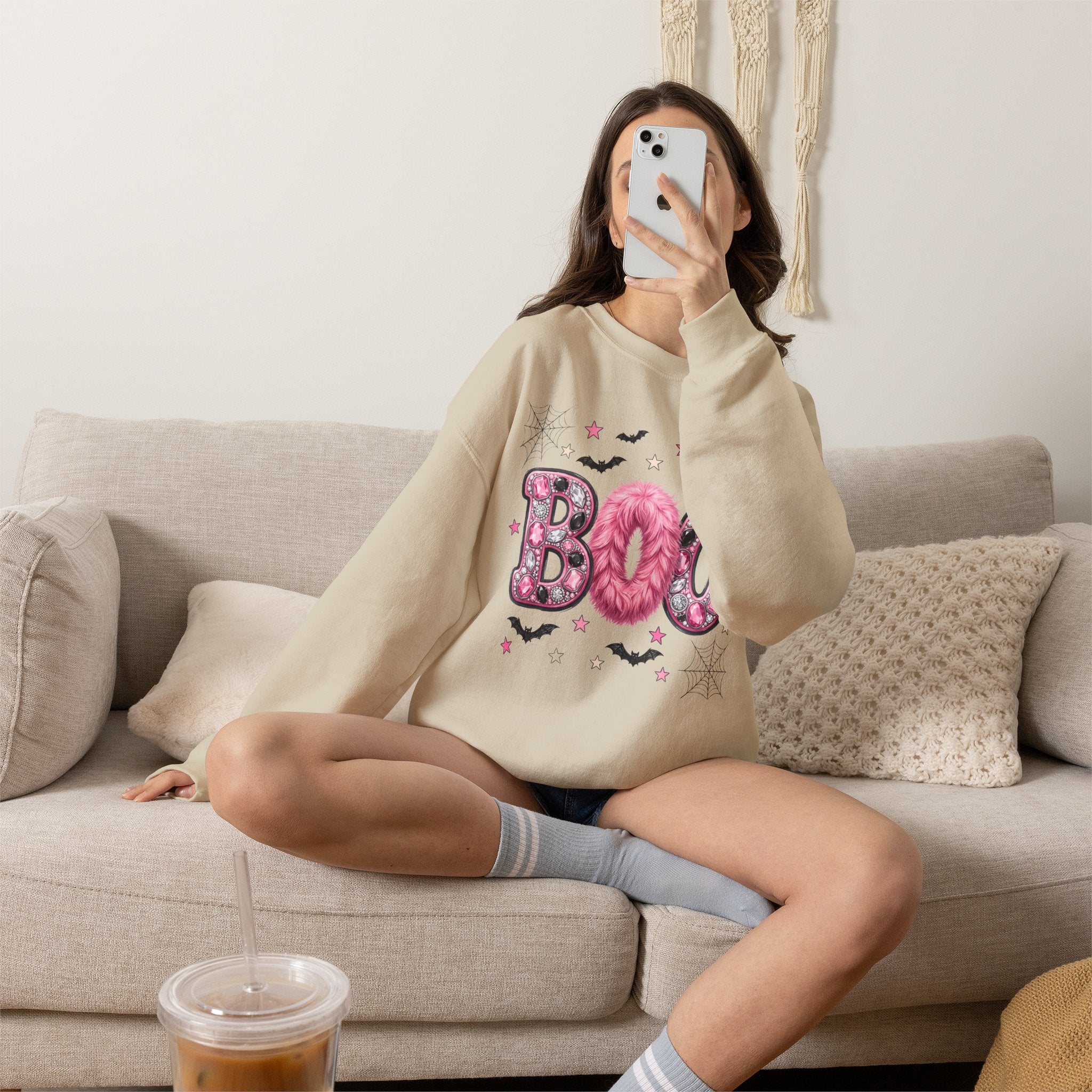 Halloween 'Boo' Crewneck Sweatshirt — Cute Pink Bat & Star Graphic
