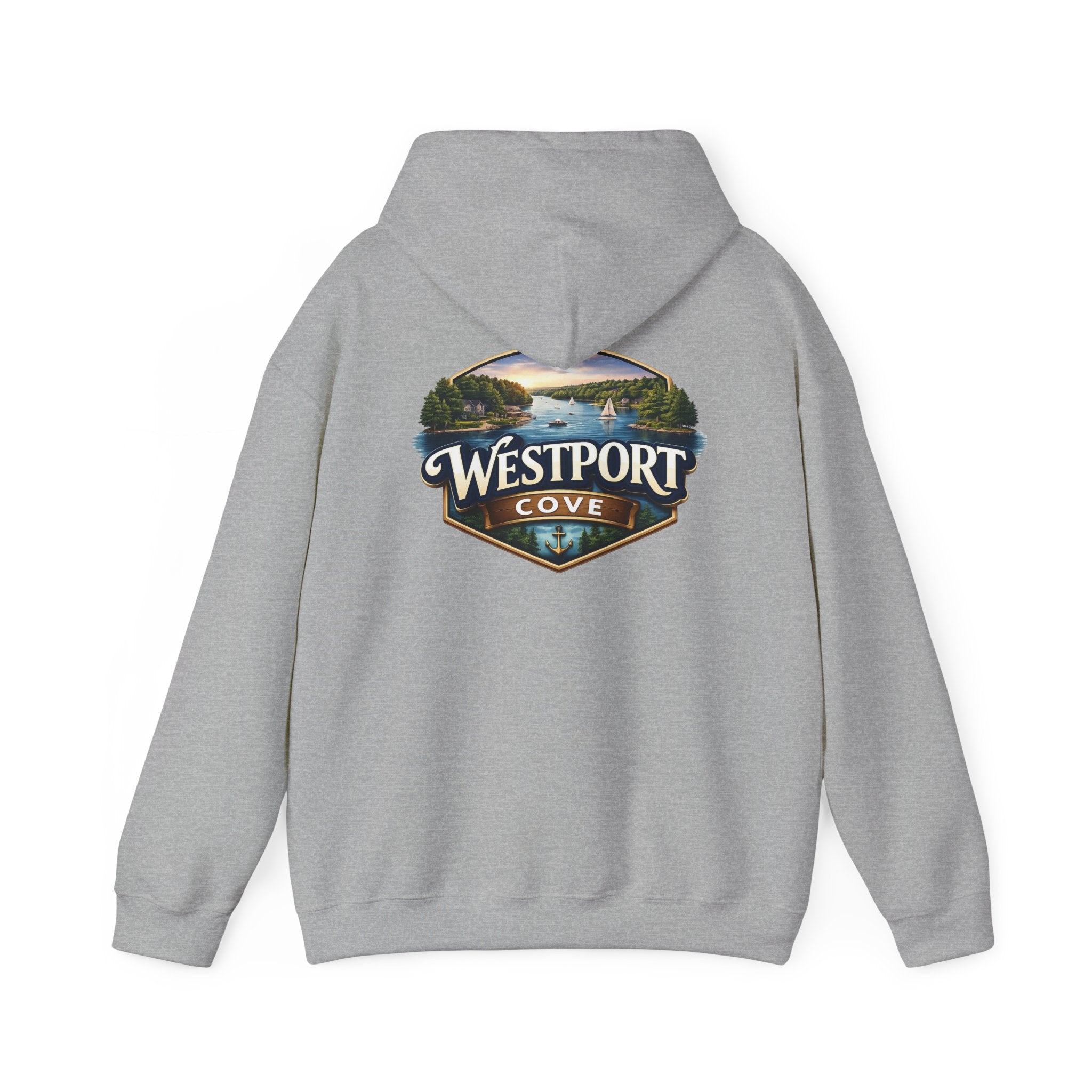 Westport Cove Hoodie — Scenic Lake Cabin Vintage Logo Hooded Sweatshirt
