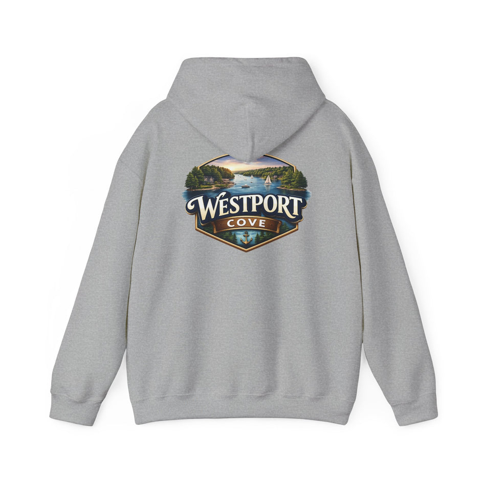 Westport Cove Hoodie — Scenic Lake Cabin Vintage Logo Hooded Sweatshirt